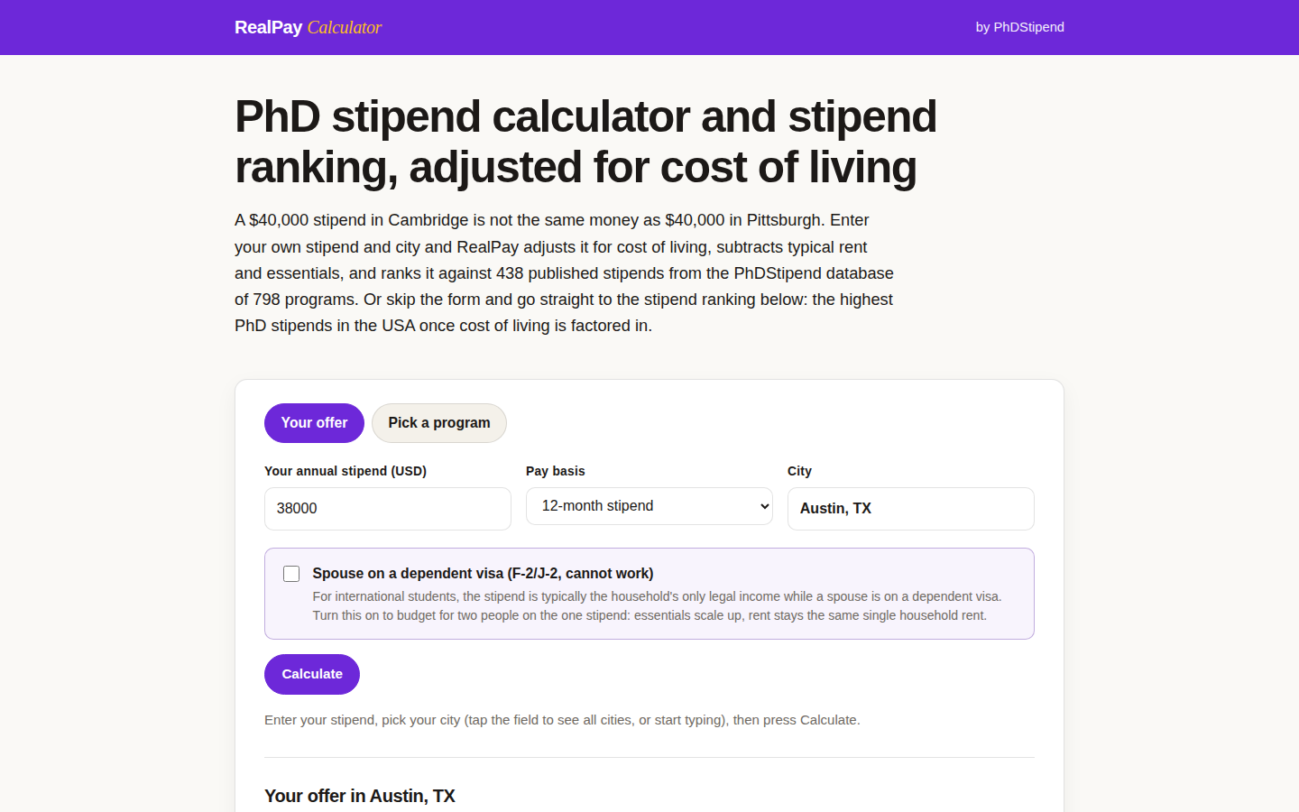 RealPay Calculator main screen with stipend, pay basis, and city inputs